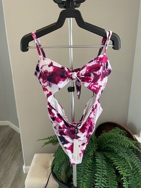 Aqua Pink and White Tie-Dye One-Piece Swimsuit with Front Knot